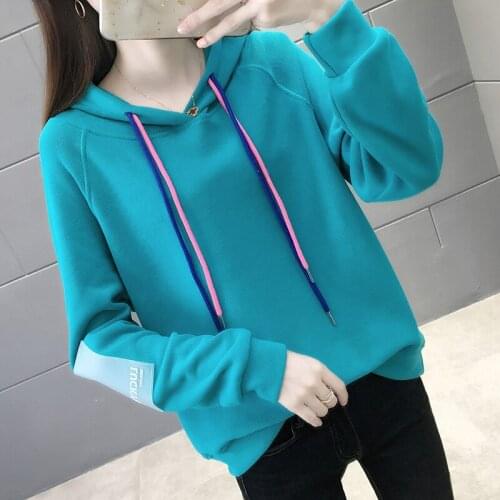Fashion Draw String Hoodie Autumn Long Sleeve Pullover Women Loose Solid Color Sweatshirt All Match Female Top Clothing