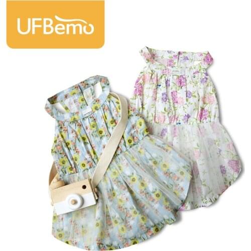 UFBemo Dog Dress Bandana Set Cat Wedding Dresses for Small Dogs Chihuahua French Bulldog Print Tutu Clothing Spring Summer Pet