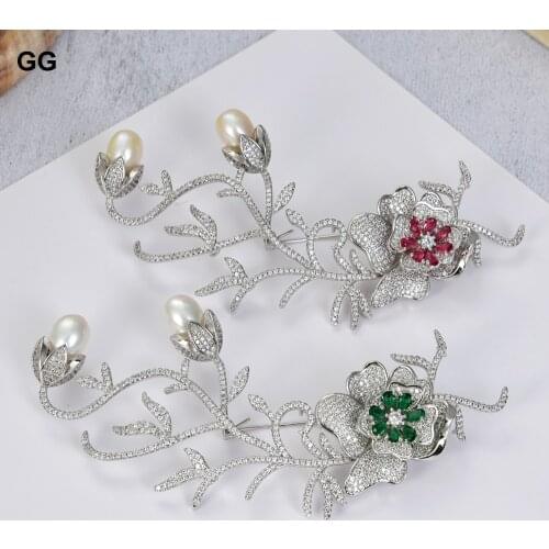 GuaiGuai Jewelry Cultured White Pearl Red Green Cubic Zirconia Micro Pave Pin jewelry Brooch For Women