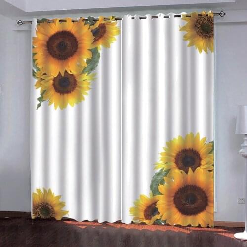 Solid color curtain White background flowers sunflower print Customized 3D Blackout Curtains Living Room Bedroom Hotel Window