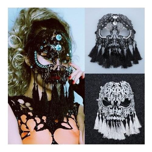 Female Singer Dancer Stage Performance Props Black White Sexy Hollow Crystals Fringed Mask Festival Party Show Masks Accessories