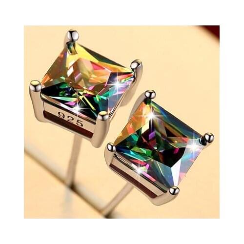 925 Sterling Silver Piercing Crystal Square Stud Earrings for Women Christmas Earrings pendientes eh1326