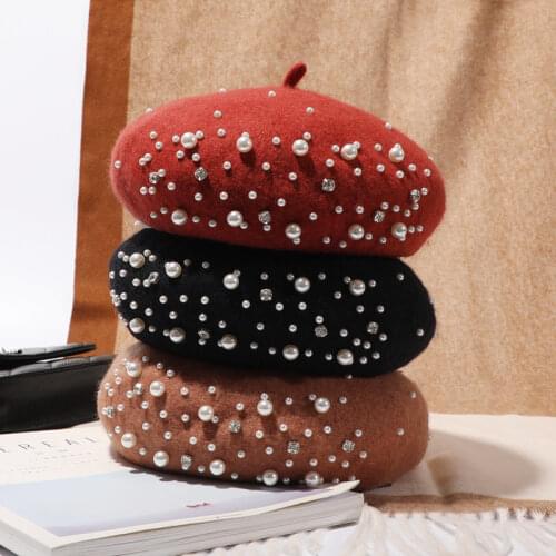 Beret Womens Autumn and Winter Korean-Style Japanese-Style All-match Pearl Pumpkin Painter Cap Wool Net Red British Beilei Hat