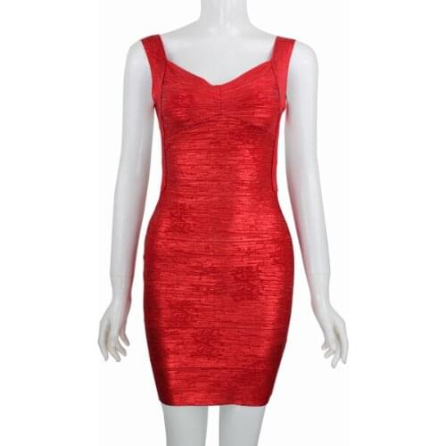 Women sexy backless hot red golden metallic rayon bandage dress women party club wear dresses