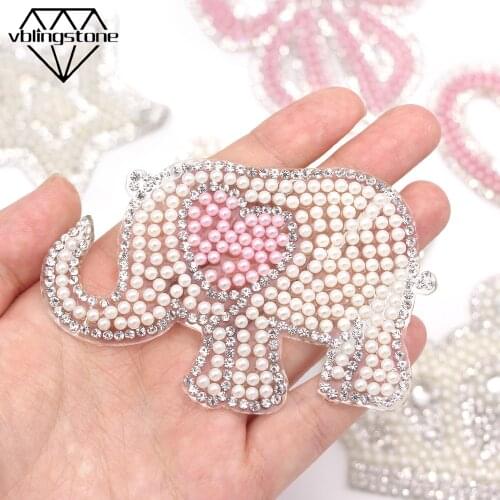 1Pcs Pearl Patch Elephant Crown Bow Heart Star Crystal Rhinestone Patches Iron on Applique Clothing Stickers Diamond Pearl Beads