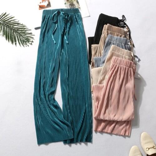 Women Wide Leg Pants High Waist Elastic 2019 Summer New Solid Color Loose Lace Up Casual Fashion Ladies Trousers Ice Silk Pants