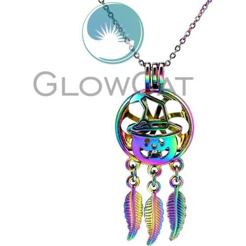 CC925 Rainbow Witch Hat Dream Catcher Beads Cage Pendant Perfume Diffuser Oyster Pearl Cage Locket Necklace