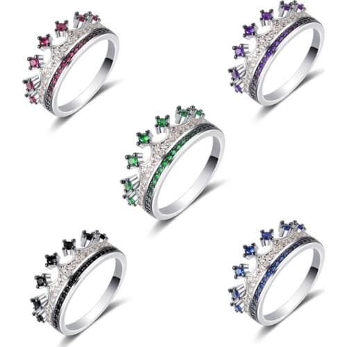 Hainon Romantic Crown Rings Silver Color Blue Red CZ Rings for Women Fashion Color Green Zirconia Jewelry Wedding Rings