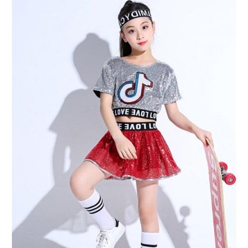 2pcs Set Girl Jazz Dance Costumes for Girls Children Stage Dance Clothes Exposed Navel Tide Kid Hip hop Sequin Dance Suit