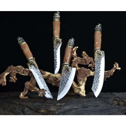 Kitchen Knife 4-piece Set Chef Knife Hand Forged Fixed Blade Cleaver Slicing Knife Tiger Head Handle Kitchen Cooking Tools