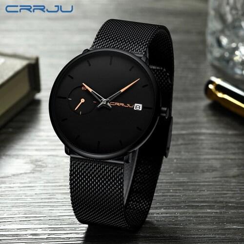 Fashion Minimalist CRRJU Men Watch Classic Ultra Thin Quartz Watch Casual Calendar Watches Stainless Steel Mesh Strap Clock