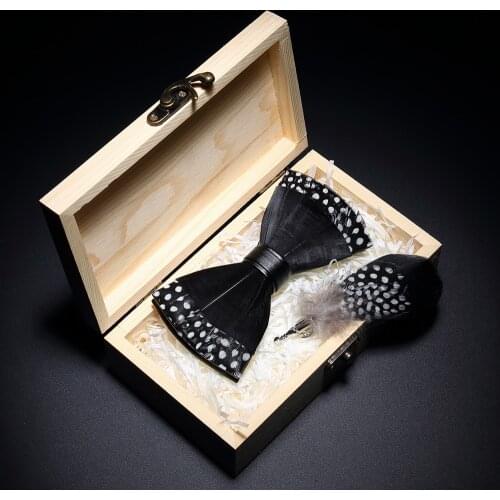 JEMYGINS original design mens bow tie feather bow artificial leather bow tie brooch wooden box carton set wedding party gift