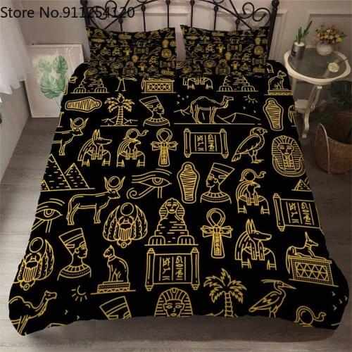 Ancient Egypt Culture 3D Bedspread Black Gold Duvet Cover Pillowcase 2/3 Piece Comforter Bedding Cover Bed Linen with Print