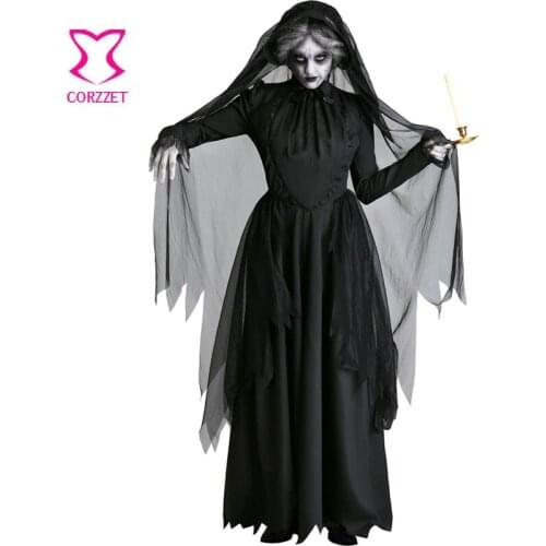Role Playing Black Ghost Bride Veil & Asymmetric Long Dress Horror Vampire Cosplay Halloween Costumes For Women Party Clubwear