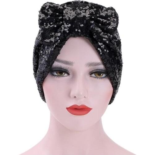 2021 Women Sequin Hat Bowknot Chemo Hat Ladies Bonnet Turban Cap Beanie Hat Head Scarf Wrap Female Spring Autumn Accessories
