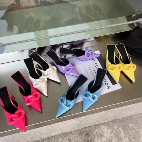 Pointed Toe Women Slippers Metal Chain Purple Yellow White Pink Blue Ladies Slides Slip On Mules Shoes Low Heel Woman Size 35-39