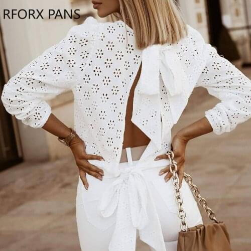 Women Hollow-out Plain Lace-up Long Sleeve Sexy blouses White Tops
