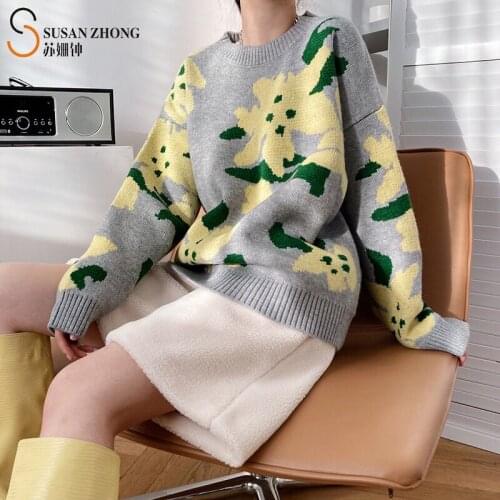 Women Pullovers Female Sweater Ladies Knitwear Tops Autumn Winter Round Neck Flower Pattern Floral Batwing Sleeve Loose Vintage