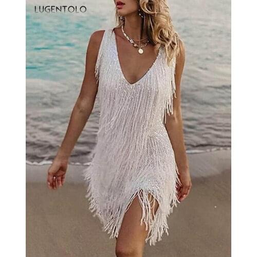 Women Dress Party Fashion New Womens Sexy Dresses Sleeveless Tassel V-neck Slim Lady Mini Dress Lugentolo