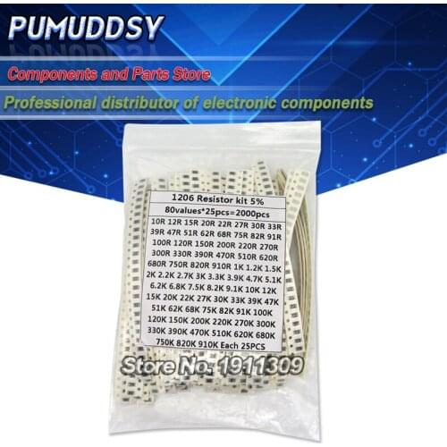 2000PCS 10 ohm-910K ohm 1206 SMD Resistor Kit Assorted set 5% 80values*25PCS SMD Resistors 10K 470/100/680 ohm resistance pack