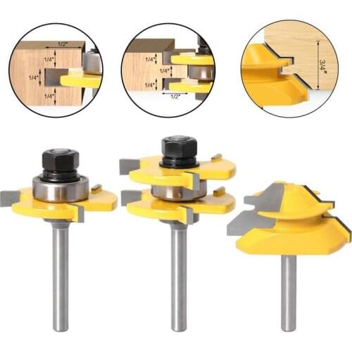 3PCS 3-Tooth T-type mortise + 45 Degree mortise High Quality Tongue & Groove Joint Router Bit Set 3/4" Stock Wood Cutting Tool
