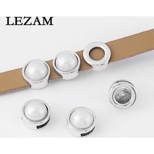 5pcs Antique Sliver Tone Flat Slider Pearl Spacer Beads For 10mm 5mm Leather Cords Jewelry Findings Bracelet Making