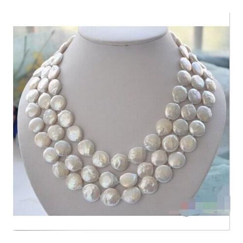 FREE SHIPPING>>>@@ > P4029 3row 21" 14mm white coin freshwater pearl necklace ^^^@^Noble style Natural Fine jewe