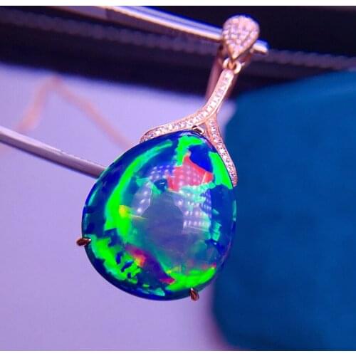 E426 Fine Jewelry Real 18K Gold AU750 G18K Natural Black Opal Pendant 15.2ct Gold Diamond Pendant Gemstone Necklaces for Women