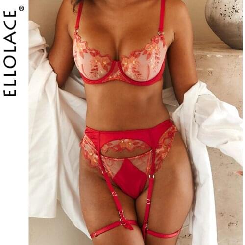 Ellolace Sexy Lingerie Floral Embroidery Underwire Bra Garters Brief Sets Sensual Exotic Underwear Hot Fancy Red Bilizna Set