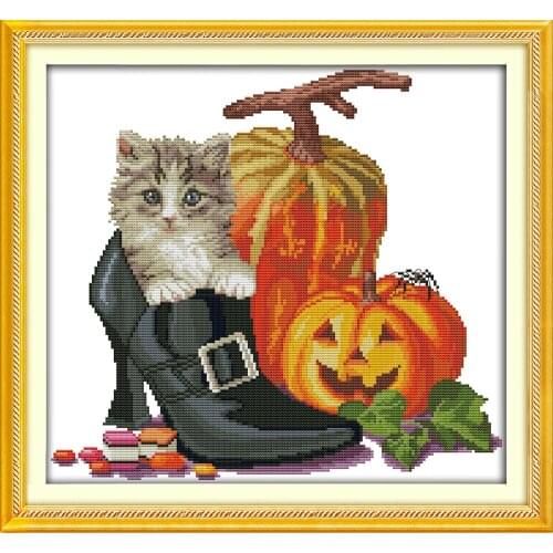 Halloween cat cross stitch kit 14ct 11ct pre stamped canvas cross stitching animal embroidery DIY handmade needlework