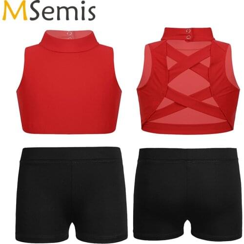 Summer Outfit Kids Girls Sleeveless Tanks Bra Crop Top With Shorts Ballet Dance Gymnastics Costume Set Children Fitness Clothes