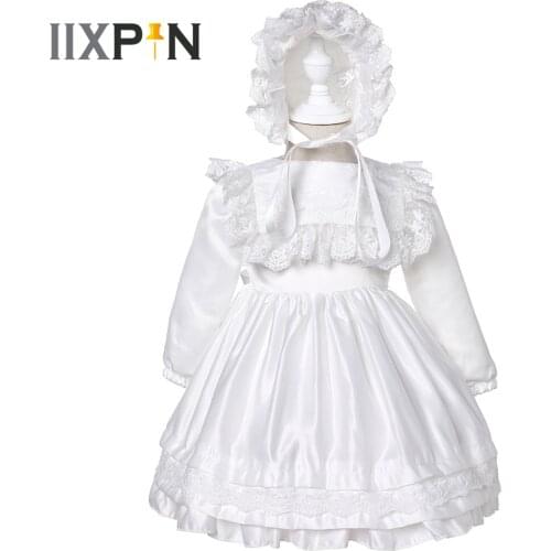 Baby Dresses Vintage Long Sleeves Lace Dress + Bonnet Infants Girls Baptism Christening Gown First Communion Dress for Baby Girl