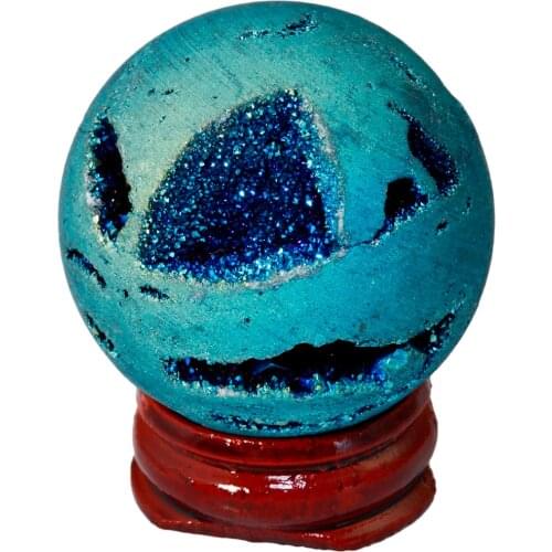 TUMBEELLUWA Light Blue Titanium Coated Druzy Agate Geode Sphere Ball Divination Reiki Healing Figurine With Wood Stand