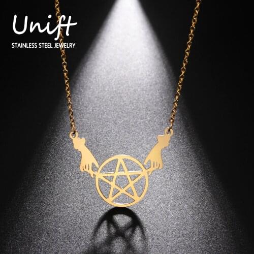 Unift Witch Pentagram Circlet Necklace Stainless Steel Pentacle Amulet Wicca Statement Necklace Jewelry Women Anime Gifts