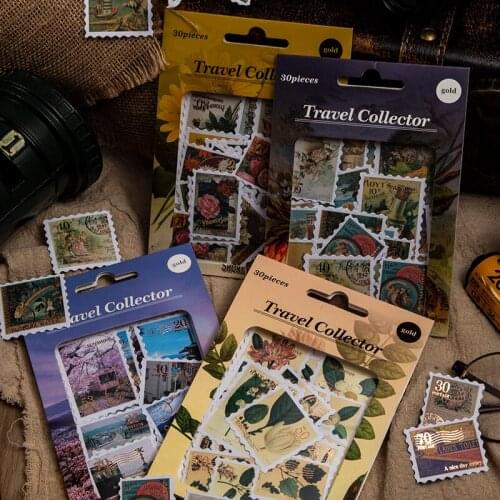 30Pcs Vintage Bronzing Plant Stamp Travel Paper Sticker Package DIY Diary Journal Decoration Label Sticker Album Scrapbooking