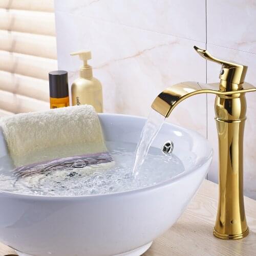 Tall Solid Brass Golden Polish Big Waterfall Spout Bathroom Faucet Mixer Tap NEW