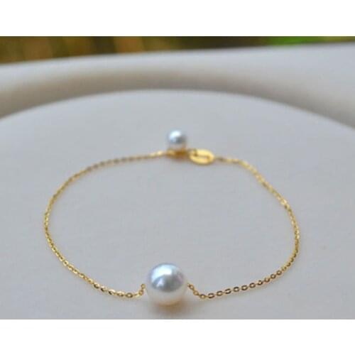 Sinya 18k gold Chain Bracelets Anklets with 7.5-8mm natural round pearl for women girl Mum lover length 15.5cm to 18cm optional
