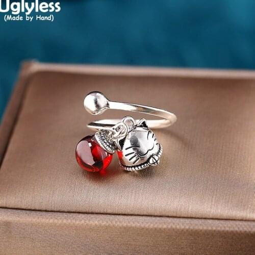 Uglyless Handmade Lucky Cat Bell Rings for Women Garnet Charm Open Ring 925 Silver Cats Animals Lovely Gifts Jewelry Thai Silver