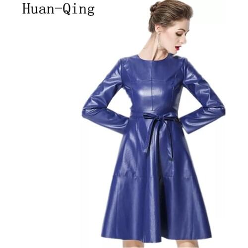 New Spring Autumn Office Lady Leather Dress Womens Vintage O-Neck With Belt Yellow A-Line Dress Vestidos Long Sleeve PU Dress
