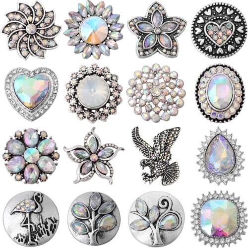5pcs/lot New Snap Jewelry AB Colorful Rhinestone Owl Flower Snap Button Fit 18mm Snap Buttons Necklace Pendant Snap Jewelry