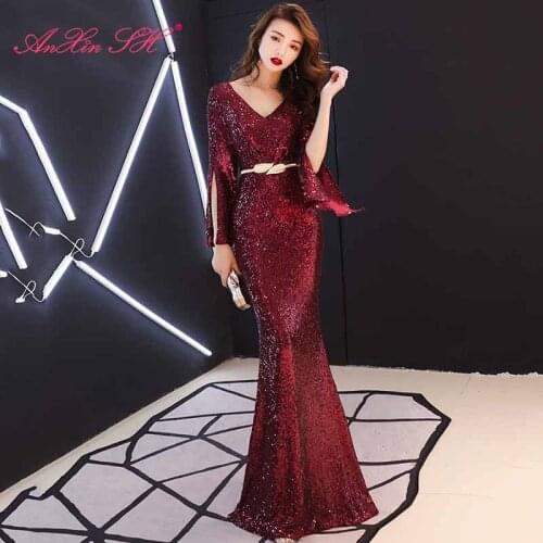 AXJFU princess wine red sparky mermaid evening dress party vintage v neck long flare sleeve stage host black evening dress