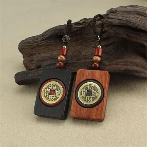 Natural Ebony Red Sandalwood Wooden Rotatable Copper Coin Pendant Keychain Chinese Enhance Fortune Key Ring Chain Car home Decor