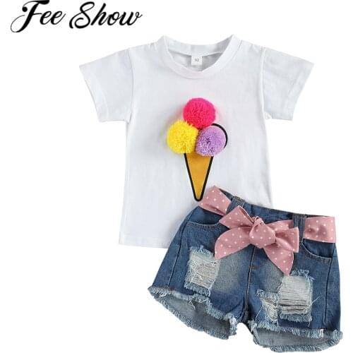 Kids Girls Clothing Set Summer Suit 3D Pompom Ice Cream T-Shirt Ripped Denim Shorts Children Outwear 2 3 4 5 6Year Cotton Outfit