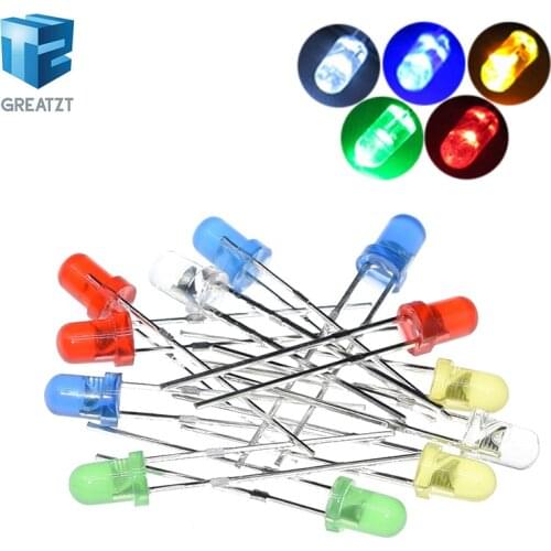 GREATZT 5Colors*20PCS=100PCS / 1Color=100pcs F3 3mm LED Diode Light Assorted Kit Green Blue White Yellow Red COMPONENT DIY kit