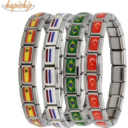 Hapiship 2018 New Fashion Jewelry Spain/Brazil/Turkey National Flag Stainless Steel 18 links Bracelet Bangle For Women Men G027