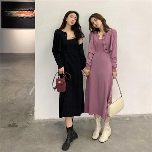 Two Piece Set Women Spring New Short Cardigan Top + High Waist Suspender Knitted Dress Solid Color High Waist Midi Long Dress