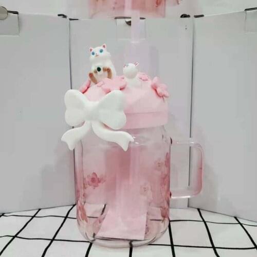 Cute Star Daddy New Pink Flower Sakura Mason Glass Straw Cup Bowknot Cat Petal Girl Water Cup Tumbler Cup with Straw Coffee Mugs