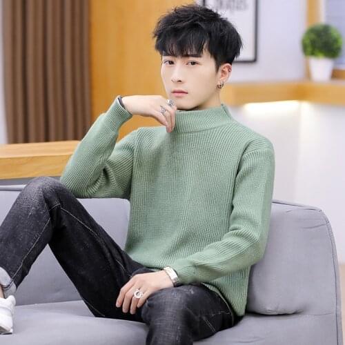 Mens sweater mens spring and autumn new casual half high neck sweater Korean trend sweater 2021 mens solid color pullover