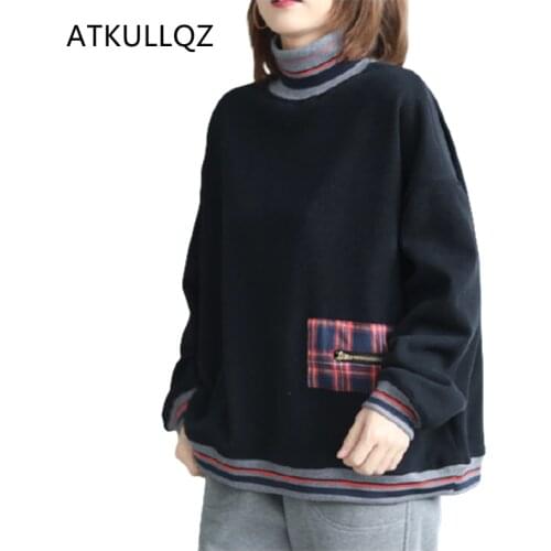 2021 Winter New Korean Style Casual Loose Slimming Plaid Stitching Striped Turtleneck Fleece-Lined Sweater Women winter clothes