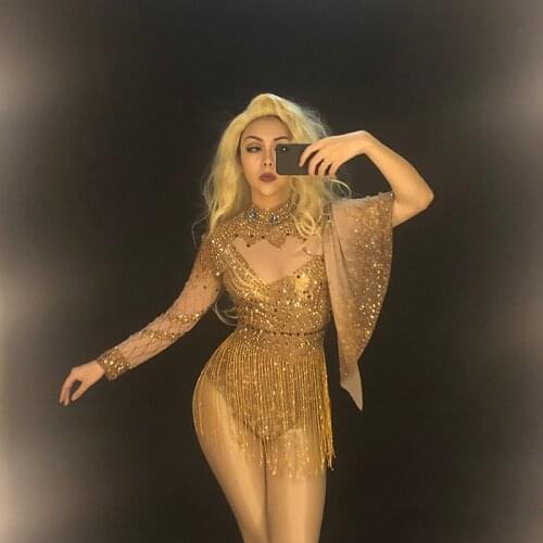New Sparkly Gold Rhinestones Tassel Bodysuit woman Singer DJ Sexy Stage Costume Leotard Dance Wear Crystals dancer clothing